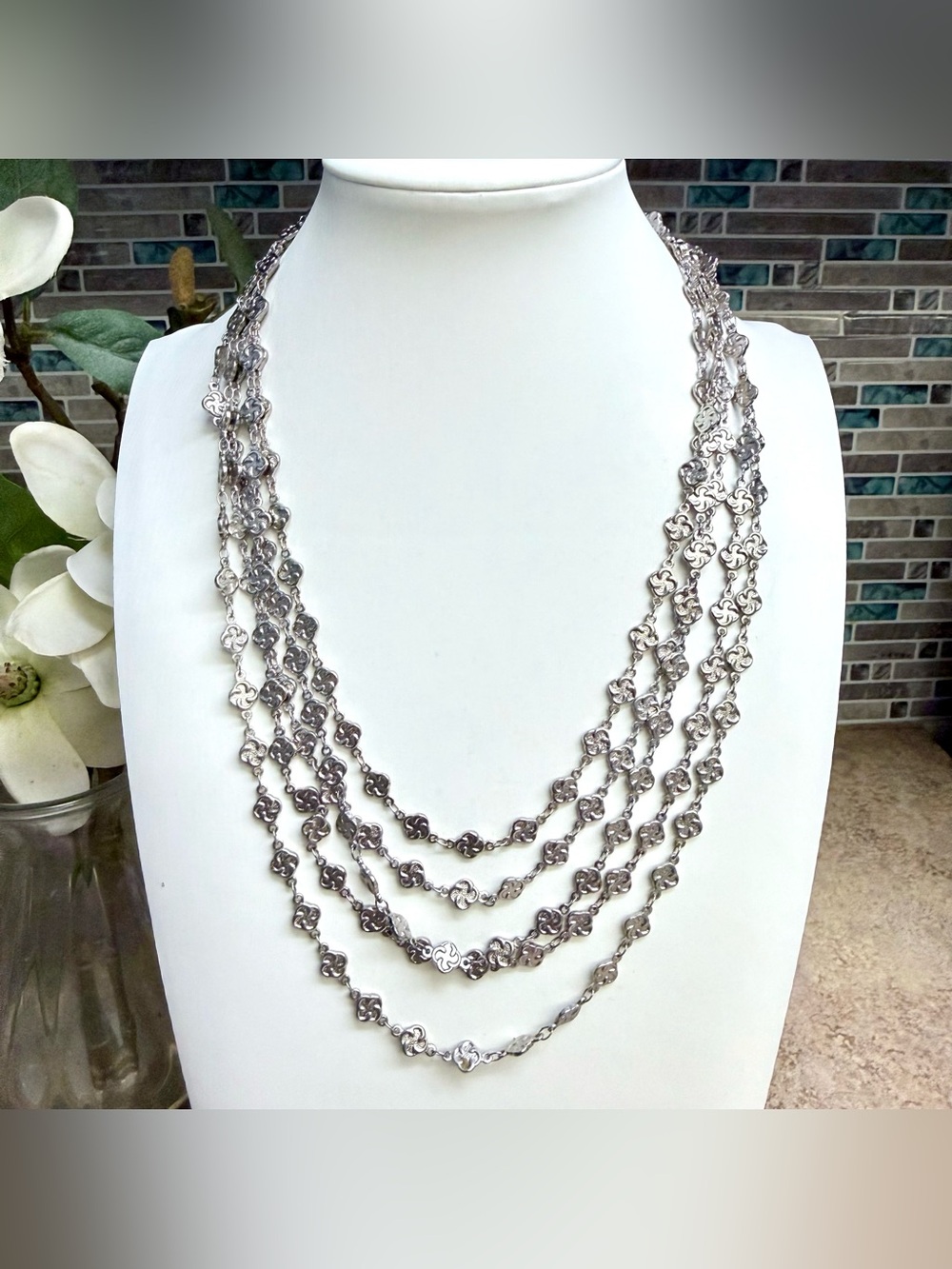 Chicos Silvertone 5-Strand Layering Bib Necklace, Quatrefoil Clover Links